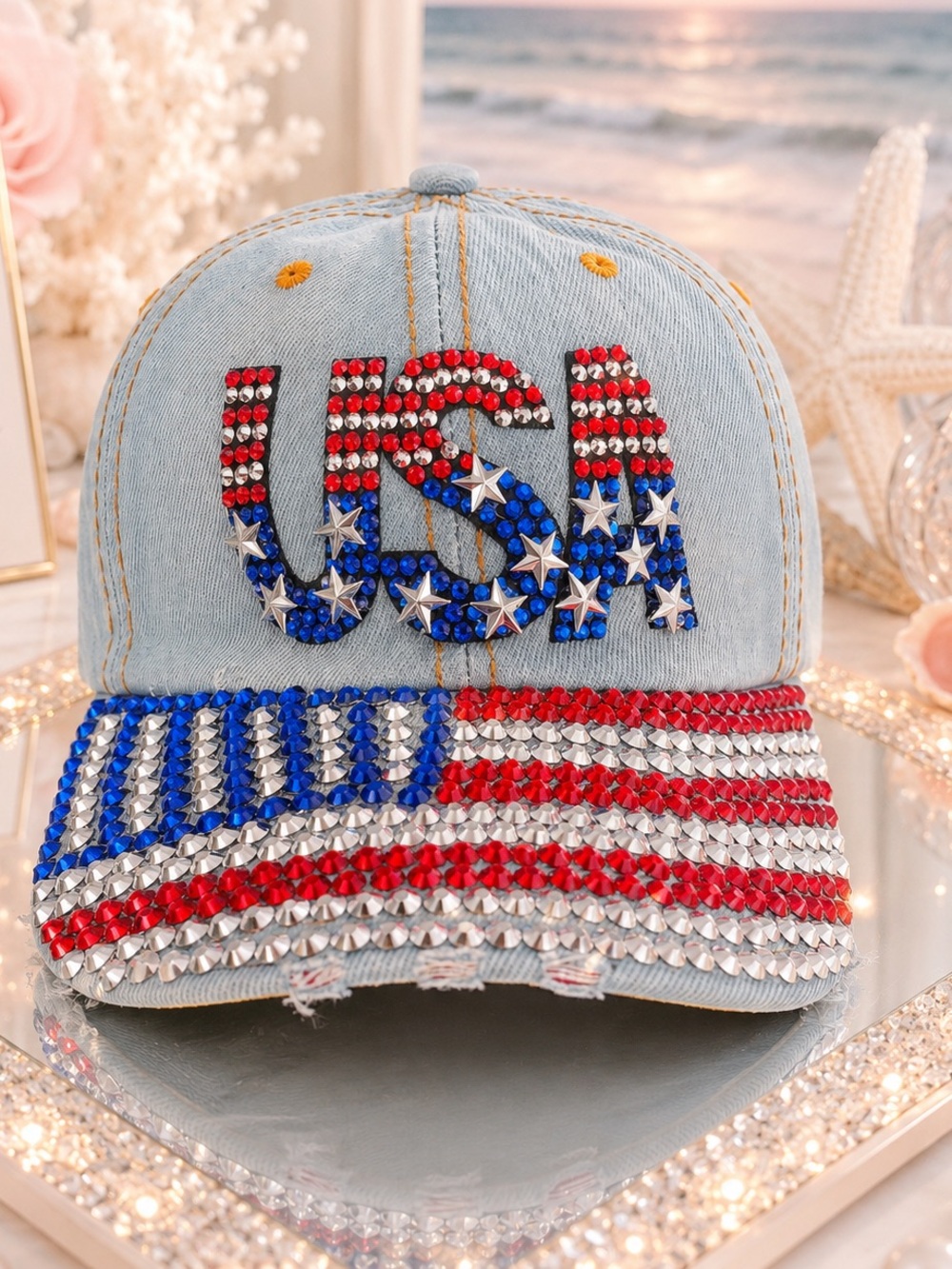 NEW Boutique USA Rhinestone Flag Denim Baseball Cap Adjustable Bling Hat